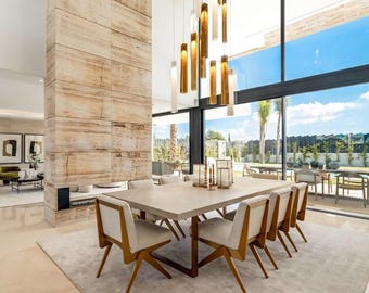 Long Chandelier for Dining Room with High Ceiling. Cascading Chandelier. Modern Dining Lighting