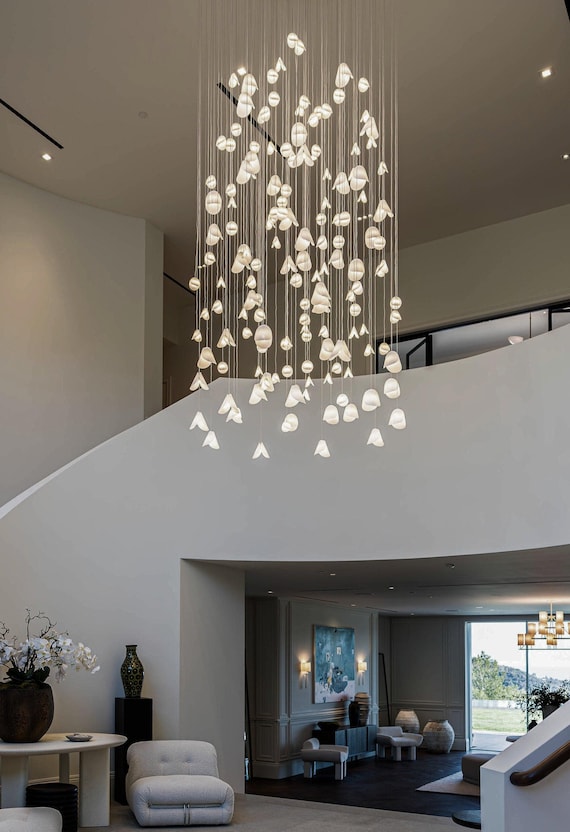 Blown Glass Chandelier for Entryway Light.  Long Glass Pendant Light, Bubble Chandelier. Cascading Pendant for Lights.