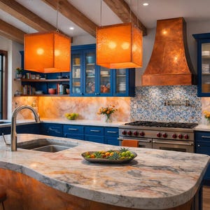 Arte funcional para la isla de tu cocina: una lámpara de araña moderna y un colgante de cristal a medida que sirven como iluminación arquitectónica para la isla. 136 Orange