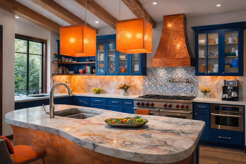 Arte funcional para la isla de tu cocina: una lámpara de araña moderna y un colgante de cristal a medida que sirven como iluminación arquitectónica para la isla. 136 Orange