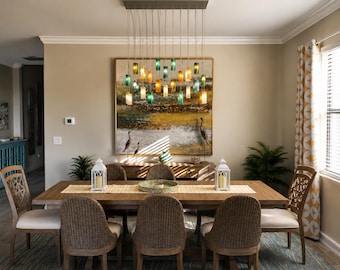 Sea glass light fixture – "Gleams" beach décor cascading lights in custom blue chandelier design for dining lighting