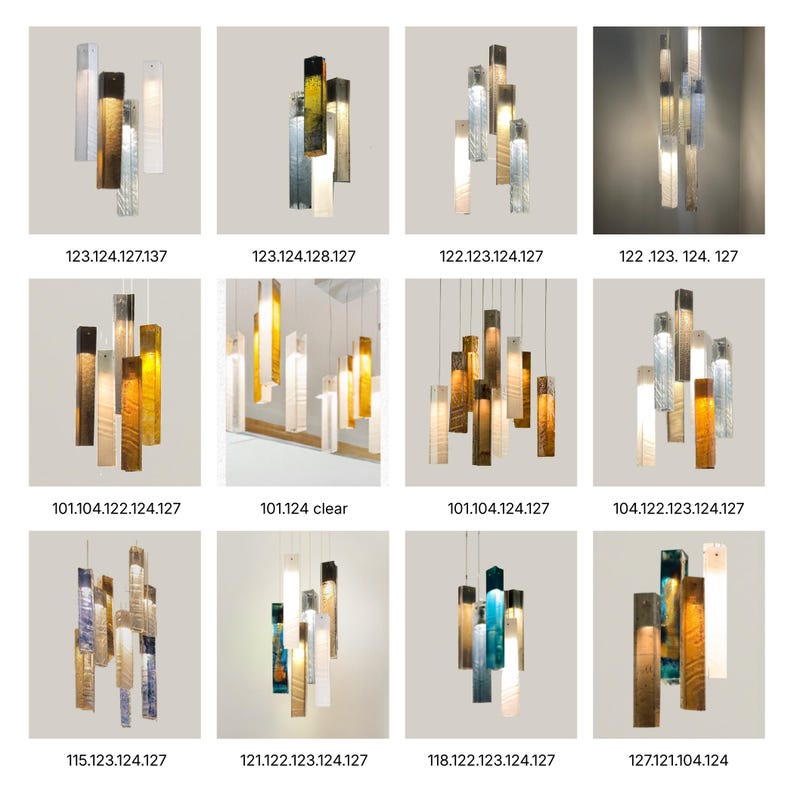 a collection of twelve different hanging light fixtures, each with unique designs and colors. The fixtures are arranged in a grid format, showcasing various styles and patterns.