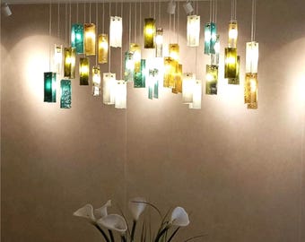 Mid century modern lighting chandelier – "Gleams" modern chandelier in custom stained glass for dining room lighting