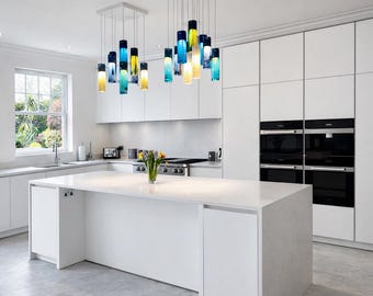 Coastal Lighting: Blue Glass Pendant Light for Kitchen Island Decor. Light Fixtures for Kitchen Art. Sea Glass Decor. Customized
