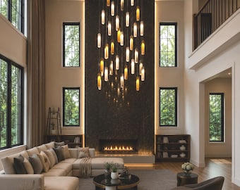 Blown Glass Chandelier Cascading Amber & Clear — Living Room Light, Oversized Modern Statement Pendant