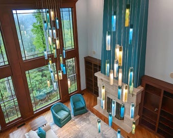 Sea Glass Chandelier | Turquoise Murano Cascade Pendant Lighting for Vaulted Ceiling Living Room — Oversized Colorful Glass Chandelier