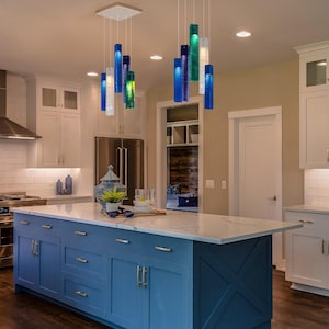 Blown Glass Island Lighting. Light Fixture for Kitchen Island, Boho Décor. Linear Pendant Lamp for Home Décor. Pendant Lighting Glass