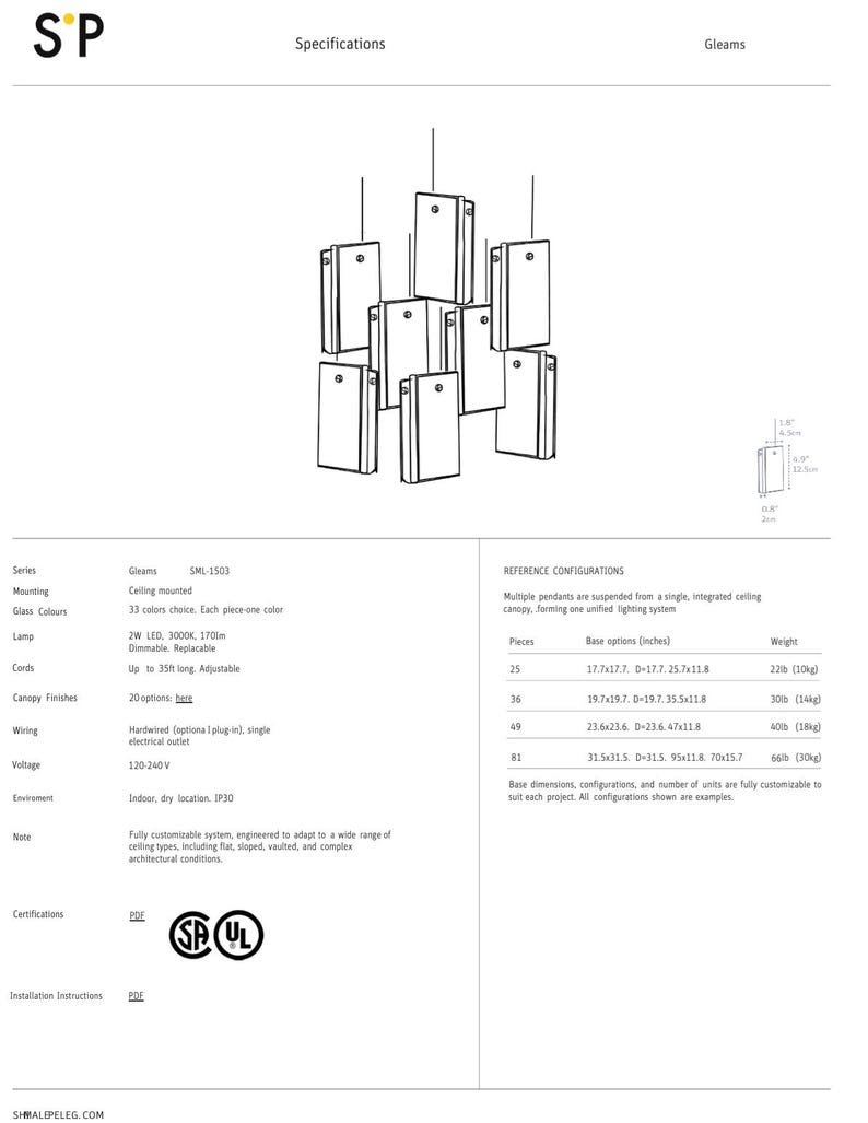 a hanging lamp with a glass shade, a base unit of 17" (7.5") in diameter, and a total weight of 30 lbs (14 kg).