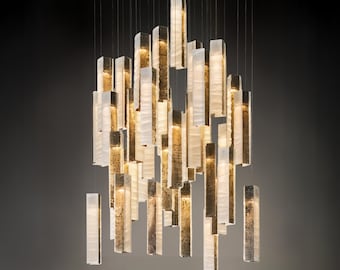 Hanging Light Entryway Art That Falls Like Glass Rain - Custom Foyer Chandelier With Rustic Pendant Lights