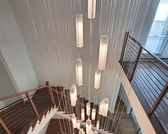 Staircase Chandelier Lighting for Modern Home Decor. Customized Large Glass Pendant Light for Foyer Decor or  Rustic Staircase Chandelier.