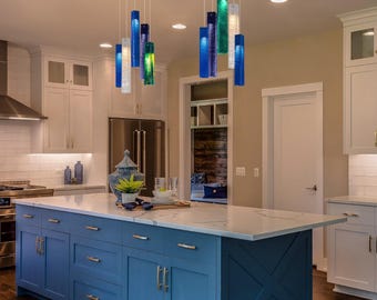 Blown Glass Island Lighting. Light Fixture for Kitchen Island, Boho Décor. Linear Pendant Lamp for Home Décor. Pendant Lighting Glass