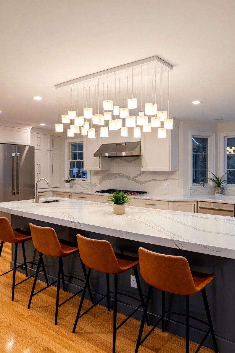 Modern Chandelier Dining Room Lighting, Modern Glass Pendant Light for Dine Lighting. This Art Glass Lighting is customized to your space 42 pieces Ceiling plate: 47x11.8" (120x30cm)