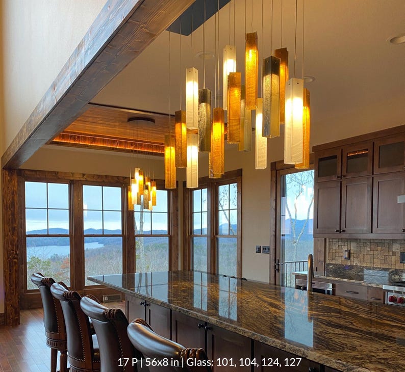 Kitchen Decor Lighting, Modern Home Decor, Ambiance Lighting, Blue Glass Lighting, Custom Designer Lighting, Kitchen Island Lamps, Sea Glass