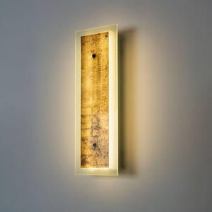 May include: A rectangular wall sconce featuring a central panel with a textured, mottled gold and brown finish. The panel is framed by a translucent, frosted glass border that emits a soft, warm glow, creating a layered lighting effect.