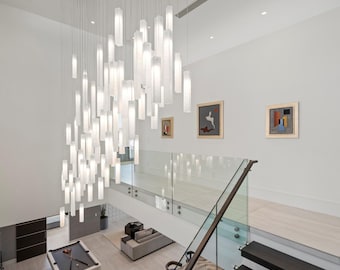 Stairwell Chandelier In Stained Glass – Long Pendant Light For Tall, Narrow Or Multi-Level Spaces
