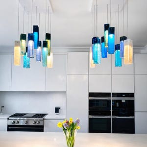 Kitchen Decor Lighting, Modern Home Decor, Ambiance Lighting, Blue Glass Lighting, Custom Designer Lighting, Kitchen Island Lamps, Sea Glass