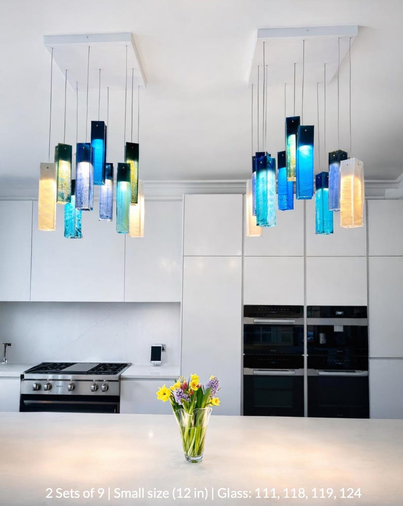 Kitchen Decor Lighting, Modern Home Decor, Ambiance Lighting, Blue Glass Lighting, Custom Designer Lighting, Kitchen Island Lamps, Sea Glass