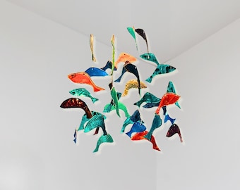 Fish Chandelier. Stained Glass Coastal Chandelier for Beach Decor Style. Sea Glass Art Fish Pendant Light
