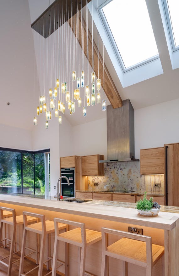 Island lighting, unique home décor – custom glass art chandelier for modern kitchens and angled ceilings
