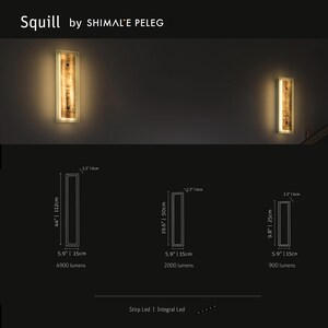 May include: Two rectangular wall sconces with warm lighting, featuring a textured, golden-brown center. The image includes dimensional diagrams: 44" x 5.9" (112cm x 15cm), 19.6" x 5.9" (50cm x 15cm), and 9.8" x 5.9" (25cm x 15cm). The text "Squill by SHIMALE PELEG" is at the top.