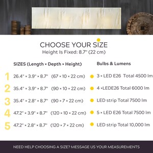 a selection of light fixtures in various sizes, along with their corresponding dimensions and specifications. The text indicates that the height of the fixture is fixed at 8.7" (22 cm). The image includes a list of sizes ranging from 1 to 5, along with corresponding bulb and lumen counts for each size. The text also provides a message that the user is welcome to choose a size based on their measurements.