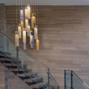 Staircase Chandelier Lighting, Unique Entryway Decor. Large Glass Pendant Light for Foyer or Hallway Lighting. Fully Customized