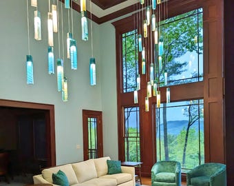 Sea Glass Chandelier | Turquoise Murano Cascade Pendant Lighting for Vaulted Ceiling Living Room — Oversized Colorful Glass Chandelier