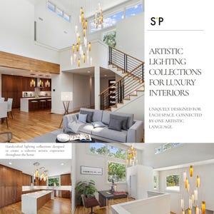 The image is a collage of three photos showcasing an artistic and luxurious interior design. The first photo depicts a spacious living room with a gray sofa, wooden flooring, and a large window. The second photo shows a kitchen with a wooden countertop and a dining table, as well as a chandelier hanging above the table. The third photo shows a view from the second floor, with a staircase leading to the second floor and a large window overlooking the surrounding area.