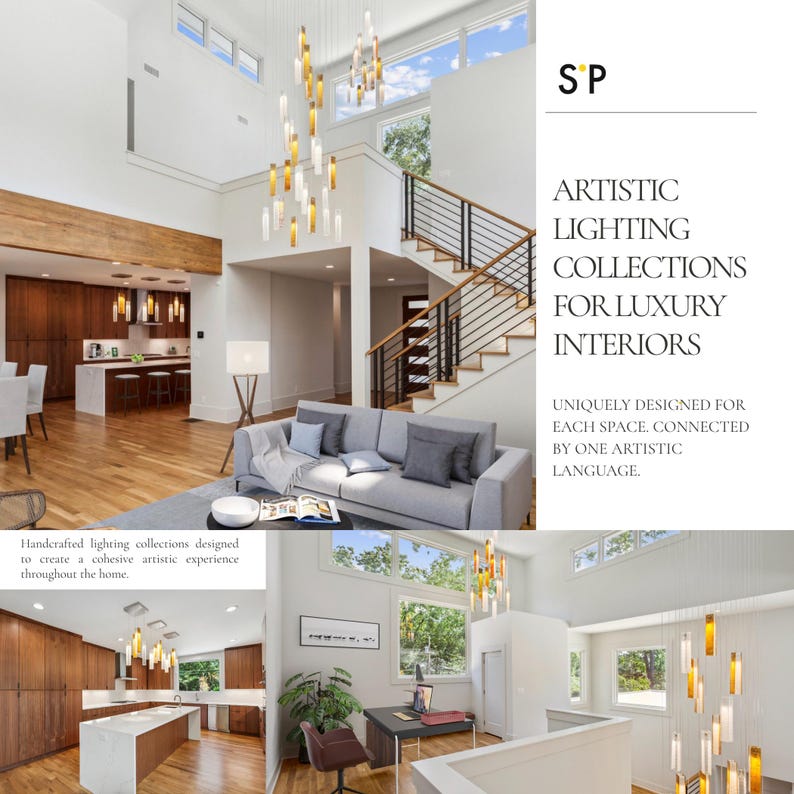 The image is a collage of three photos showcasing an artistic and luxurious interior design. The first photo depicts a spacious living room with a gray sofa, wooden flooring, and a large window. The second photo shows a kitchen with a wooden countertop and a dining table, as well as a chandelier hanging above the table. The third photo shows a view from the second floor, with a staircase leading to the second floor and a large window overlooking the surrounding area.