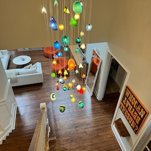 Globe Chandelier I Color Pendant Lighting I Unique Decor I Long. Cascading. Multi-Pendant. Art Glass Chandelier