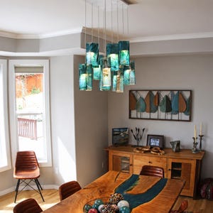 Island Lighting or Dine Light Fixture. Turquoise Lamp for Kitchen Pendant Lighting. Unique Chandelier Made of Art Glass.