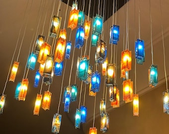 Blown Glass Chandelier: Colorful Modern Foyer Lighting, Custom Multi Pendant Design
