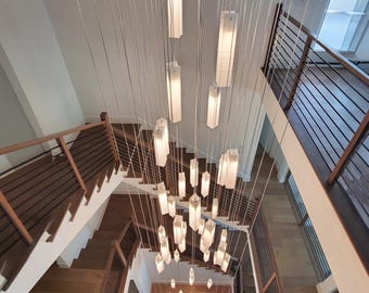 Custom Glass Chandelier: Long Hanging Staircase Lighting, Mid-Century Modern