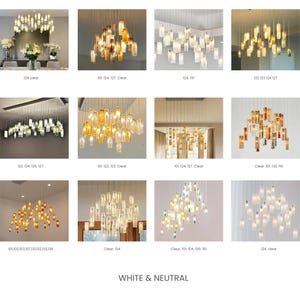 The image is a collage of 12 different images showcasing various chandeliers with white and neutral color schemes. The chandeliers have a clear design and are suspended from the ceiling, creating a visually appealing and elegant display.