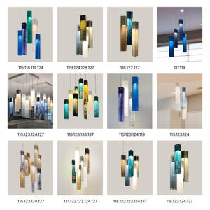 a collection of twelve different images of hanging light fixtures, each with unique designs and colors. The images showcase various shapes and sizes of light fixtures, including rectangular, cylindrical, and spherical designs, as well as a mix of blue, green, and yellow colors. The images are arranged in a grid format, with each row representing a different light fixture and each column representing a different color or design element.