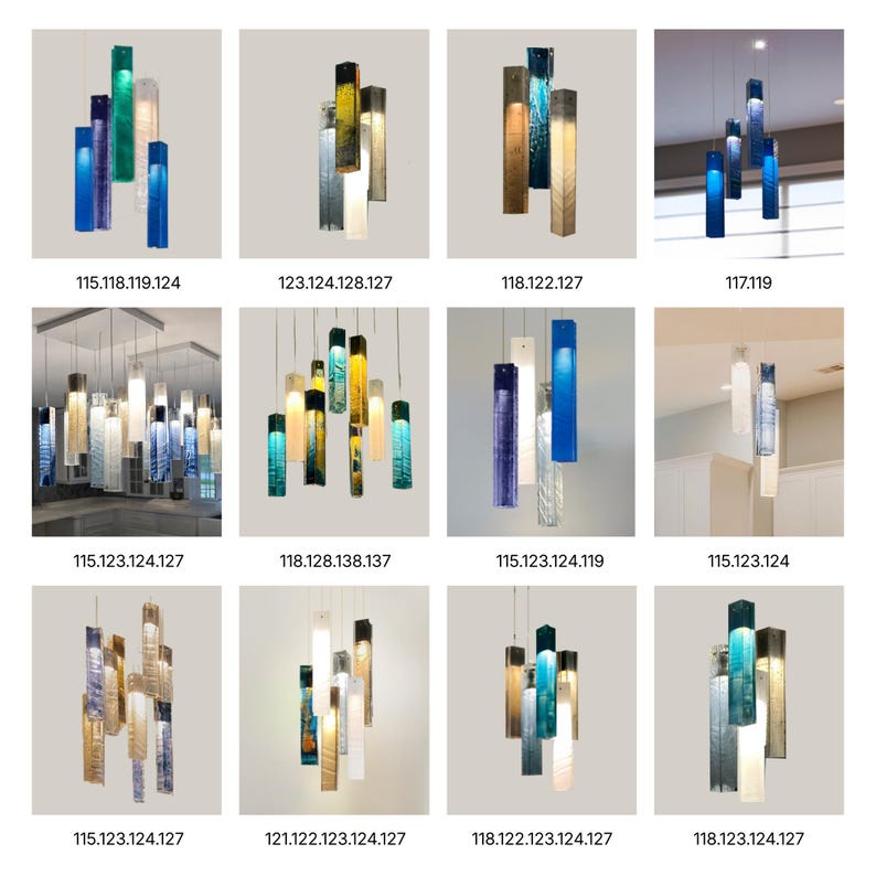 a collection of twelve different images of hanging light fixtures, each with unique designs and colors. The images showcase various shapes and sizes of light fixtures, including rectangular, cylindrical, and spherical designs, as well as a mix of blue, green, and yellow colors. The images are arranged in a grid format, with each row representing a different light fixture and each column representing a different color or design element.