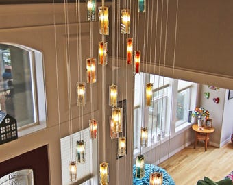 Blown Glass Art, Colorful Chandelier. Blown Glass Pendant Lighting for Staircase Lighting or Dining Room. Stained Glass Led Chandelier