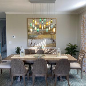 Sea glass light fixture – &quot;Gleams&quot; beach décor cascading lights in custom blue chandelier design for dining lighting