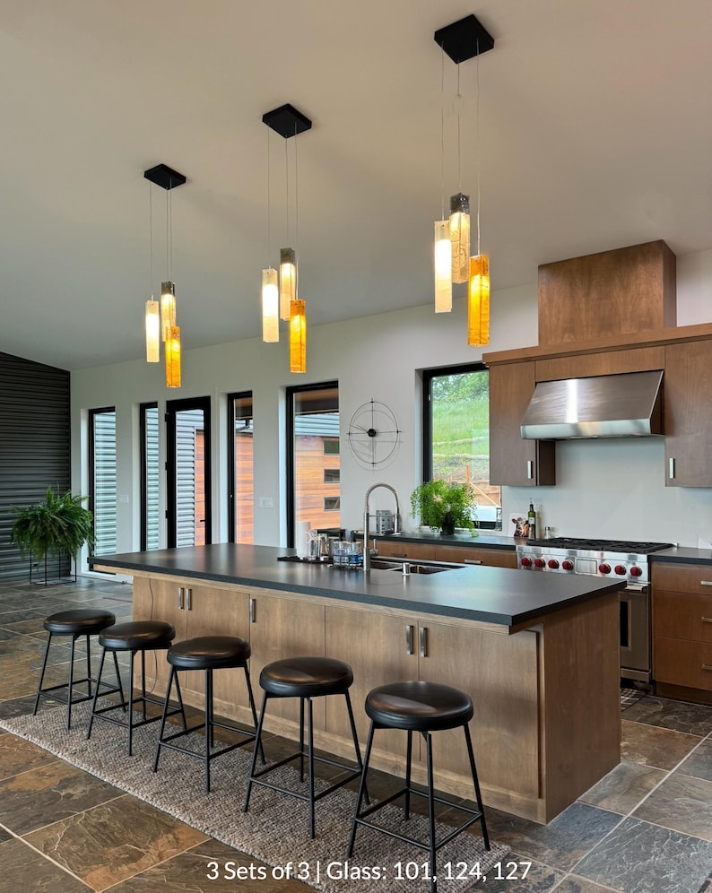 Kitchen Decor Lighting, Modern Home Decor, Ambiance Lighting, Blue Glass Lighting, Custom Designer Lighting, Kitchen Island Lamps, Sea Glass