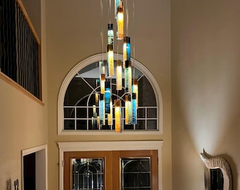 Luxury Unique Ceiling Light for 2 Story Foyer or Stairway. Hand Made Multi Light Pendant, Modern Chandelier.