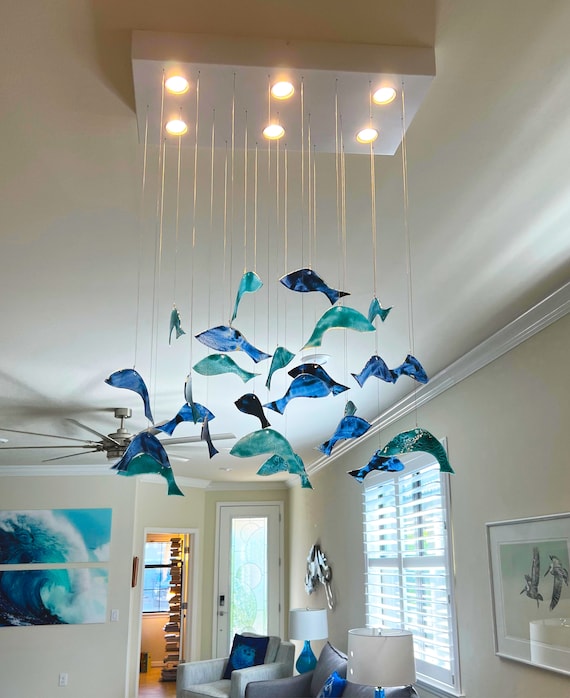 Stain Glass Fish Chandelier. Beach Décor Fused Glass Art. Blue Sea Glass  Chandelier Lighting for Beach House Lighting. Fused Glass Fish 