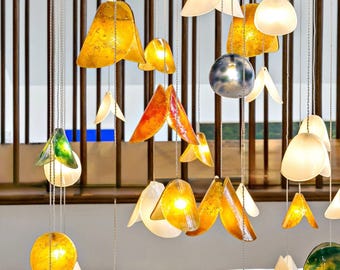 Home Décor Blown Glass Art. Long Staircase Chandelier Lighting for Home Décor Lighting. Custom Hanging Light made of Art Glass