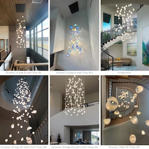 The image is a collage of six different photographs showcasing various chandeliers and lighting fixtures. The photographs display a range of sizes and designs, including large and small chandeliers hanging from the ceiling. The chandeliers are suspended from the ceiling, creating a visually appealing and elegant atmosphere in the space.