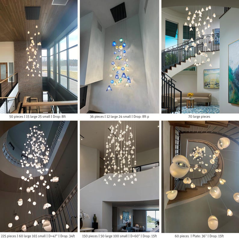 The image is a collage of six different photographs showcasing various chandeliers and lighting fixtures. The photographs display a range of sizes and designs, including large and small chandeliers hanging from the ceiling. The chandeliers are suspended from the ceiling, creating a visually appealing and elegant atmosphere in the space.
