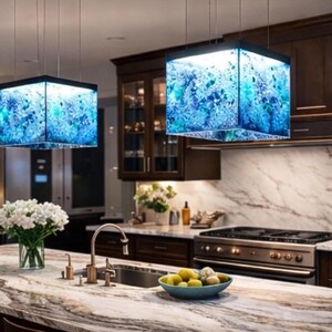 Arte funcional para la isla de tu cocina: una lámpara de araña moderna y un colgante de cristal a medida que sirven como iluminación arquitectónica para la isla. 117 Coral