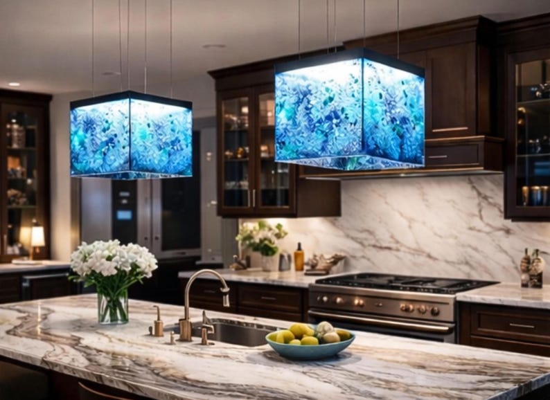 Arte funcional para la isla de tu cocina: una lámpara de araña moderna y un colgante de cristal a medida que sirven como iluminación arquitectónica para la isla. 117 Coral