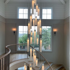 Modern Farmhouse Dining Room Chandelier Lighting, Large Glass Pendant Light for Dine Table, Entryway, Foyer and other high ceiling spaces