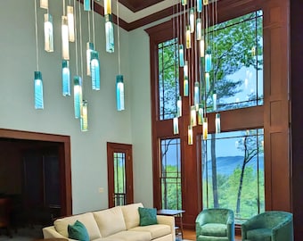 Sea Glass Chandelier | Turquoise Murano Cascade Pendant Lighting for Vaulted Ceiling Living Room — Oversized Colorful Glass Chandelier