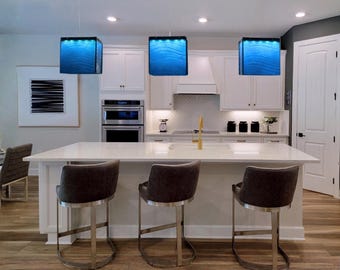 A Blue Chandelier - Glass Lamp Crafted As A Kitchen Island Lighting.