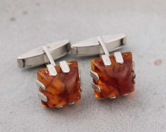 Modernist silver cufflinks with amber. VEB Ostseeschmuck. Baltic amber. Vintage suit. Gift for man. Classic mens accessories. Mid century